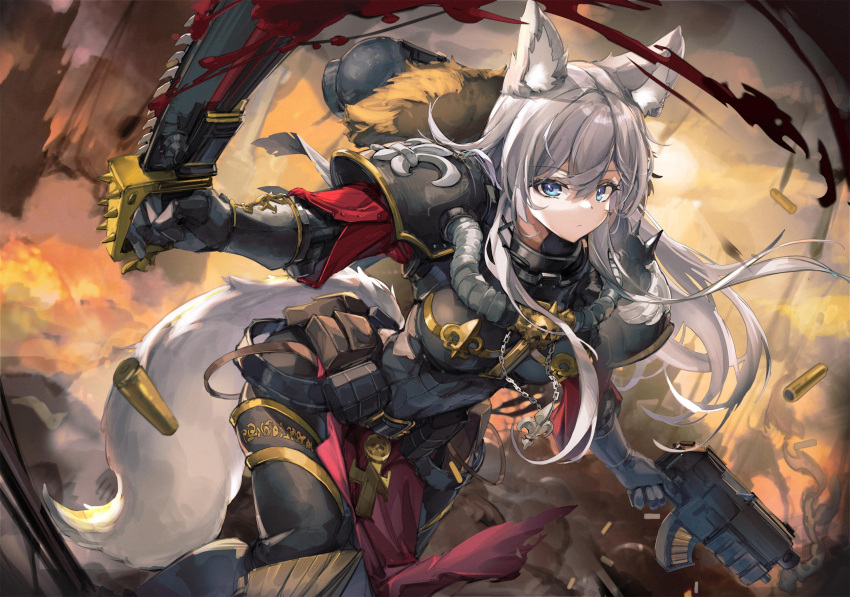 1girl, adepta_sororitas, ammunition, animal_ears, armor, black_armor, blood, blue_eyes