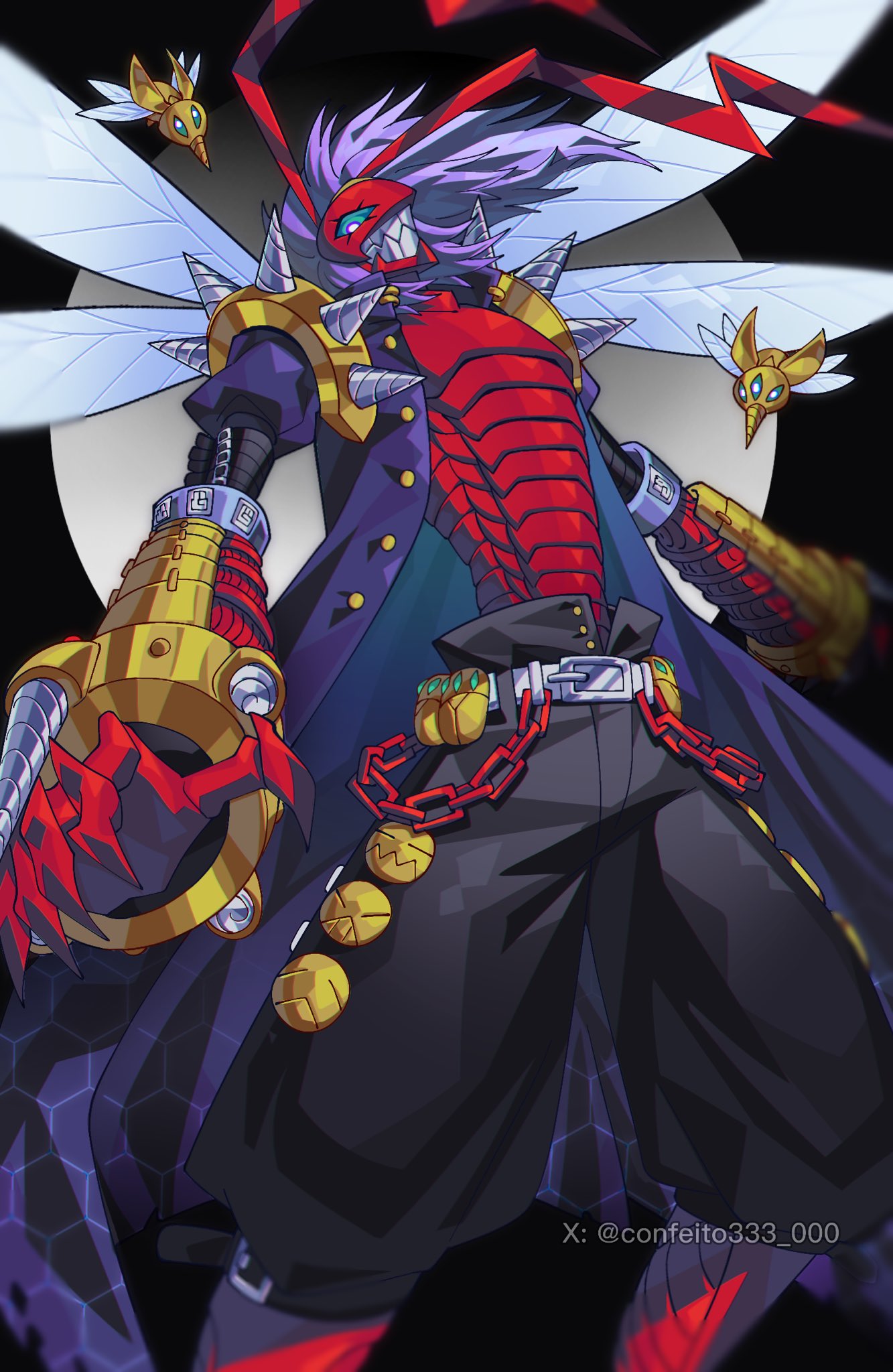 1boy, banchostingmon, banchou, black_coat, black_pants, blue_eyes, bug, coat