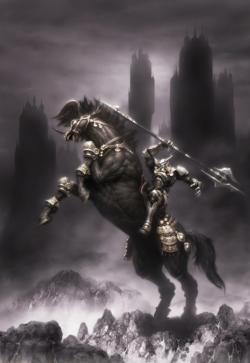 1boy, aiba_ryosuke, armor, black_horse, breastplate, bridle, commentary, fake_horns