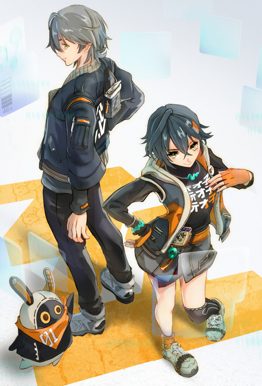 1boy, 1girl, belle_(zenless_zone_zero), black_jacket, black_pants, black_shirt, black_thighhighs, blue_hair