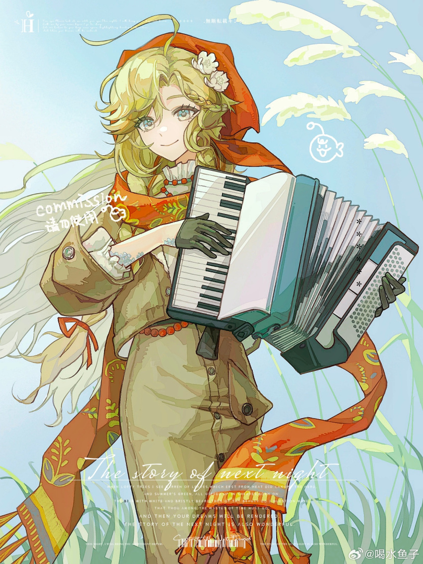 1girl, accordion, ahoge, aqua_eyes, black_gloves, blonde_hair, blue_sky, brown_jacket