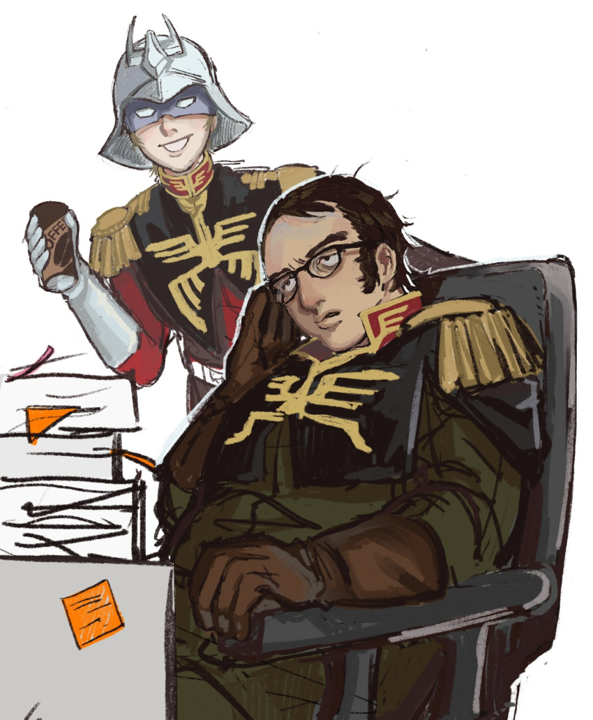 2boys, black_eyes, black_hair, can, char_aznable, dren_(gundam), drink_can, epaulettes