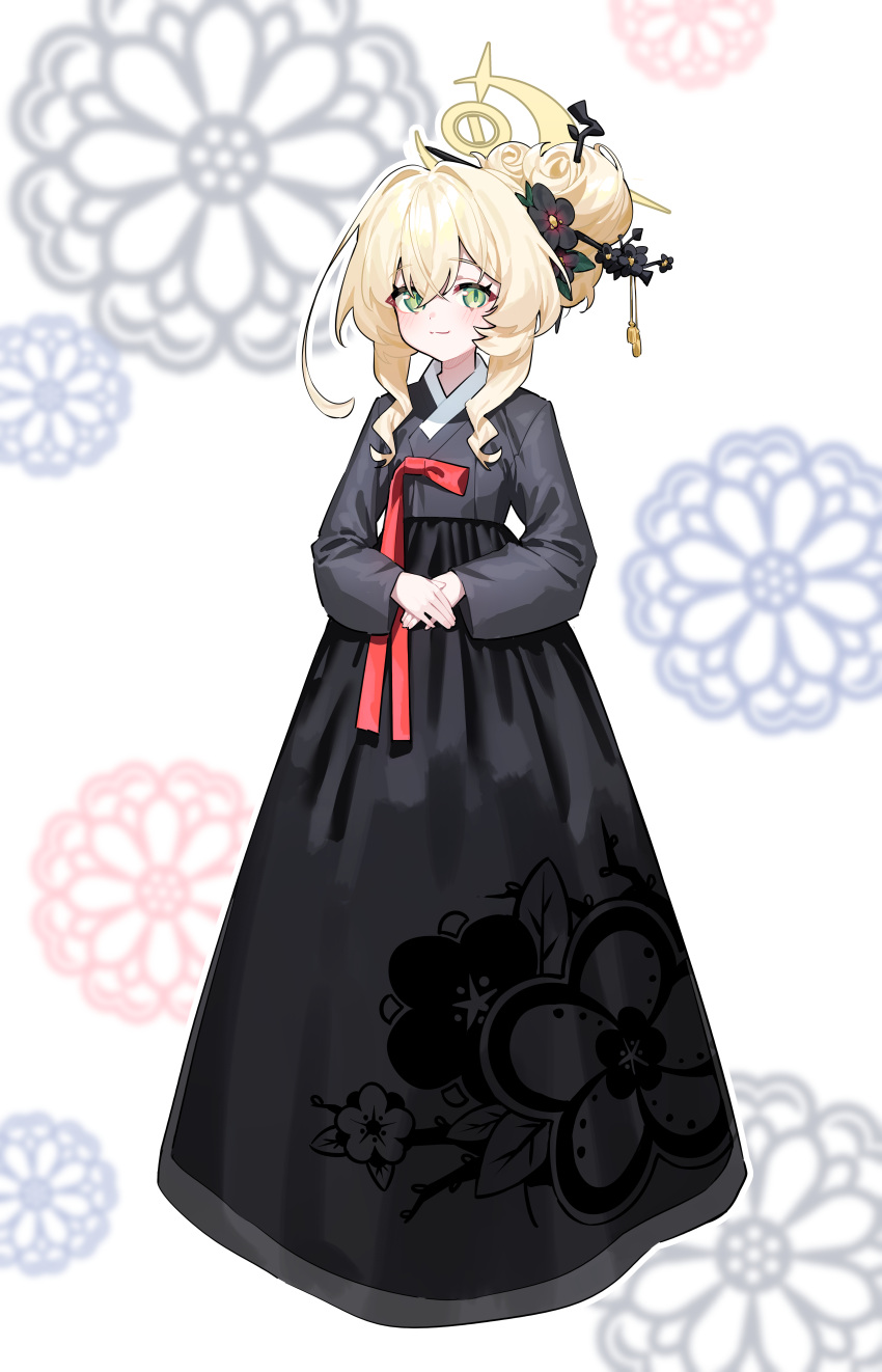 1girl, absurdres, alternate_costume, alternate_hairstyle, black_hanbok, black_shirt, black_skirt, blonde_hair, blue_archive, floral_print, flower, full_body, hair_bun, hair_flower, hair_intakes, hair_ornament, hair_stick, halo, hanbok, highres, honi_(honi1010), huge_hair_bun, korean_clothes, light_smile, looking_at_viewer, own_hands_together, professor_niyaniya_(blue_archive), shirt, sidelocks, single_hair_bun, skirt, solo