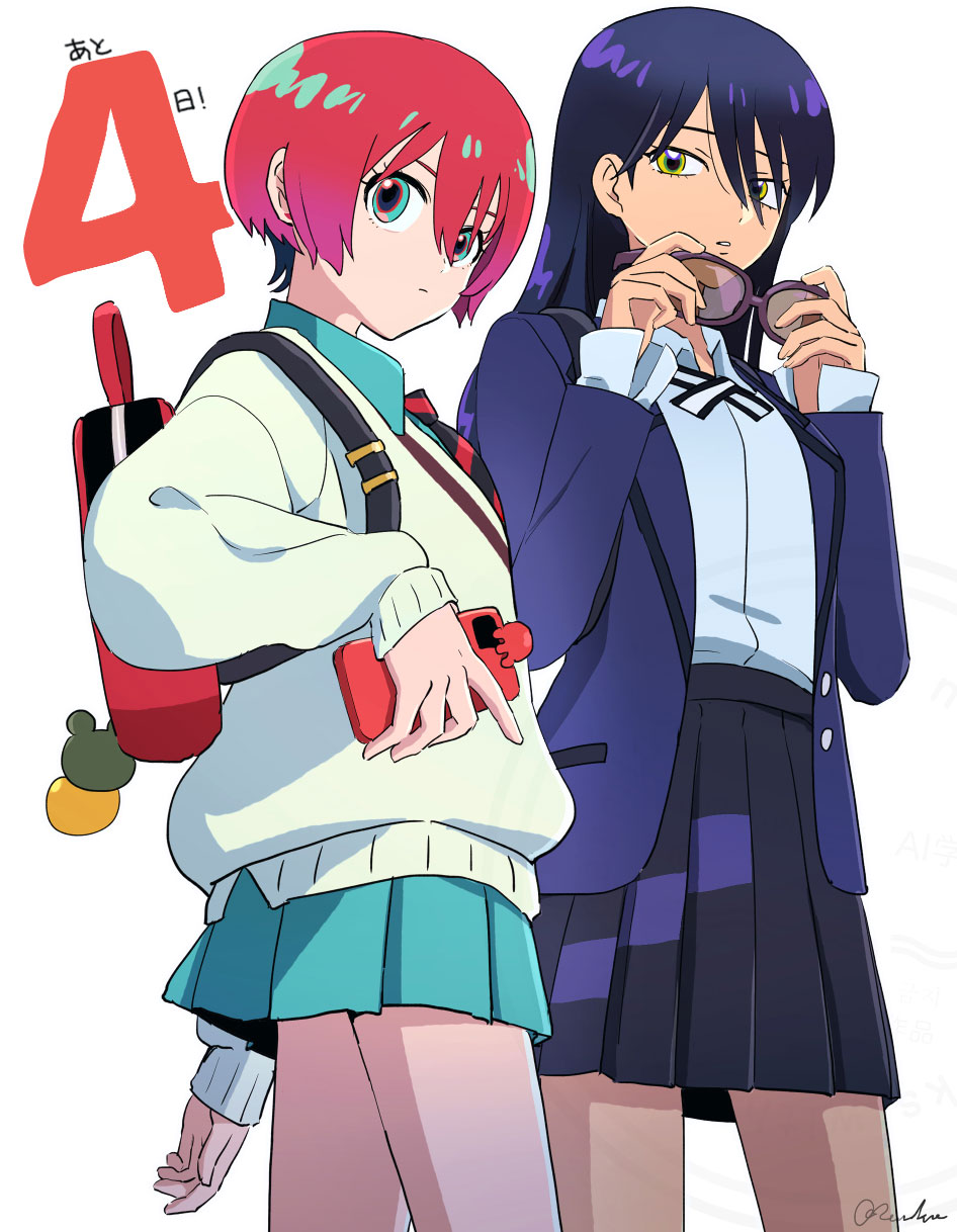 2girls, amate_yuzuriha, aqua_eyes, backpack, bag, collared_shirt, countdown, cowboy_shot
