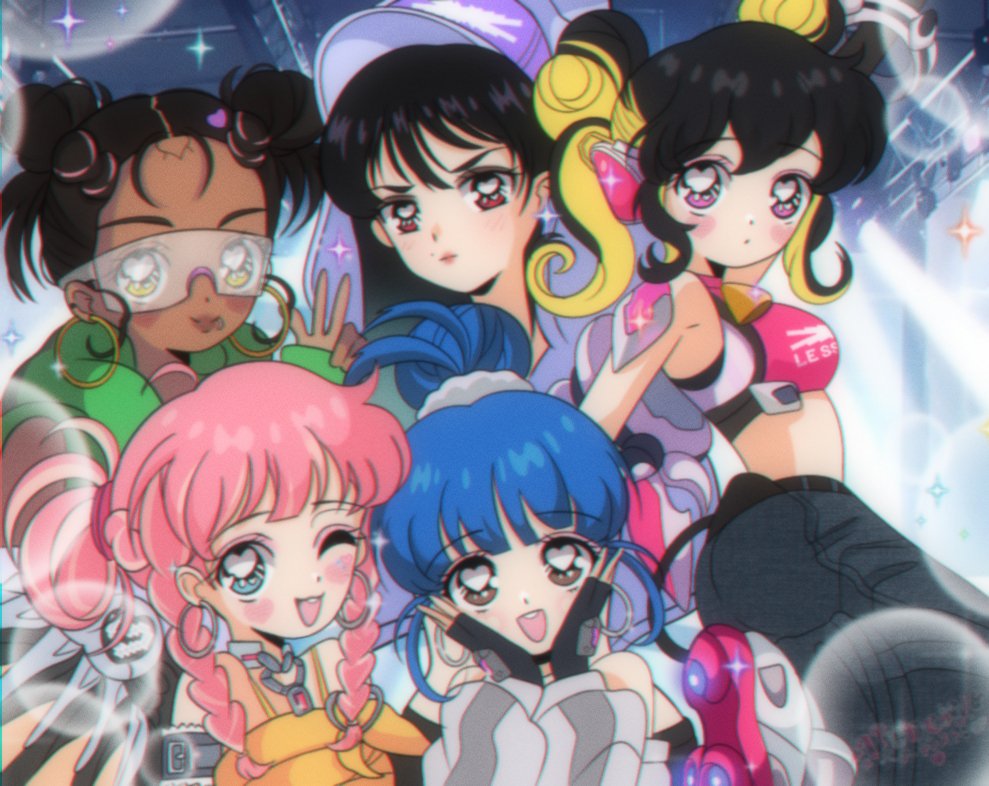 1990s_(style), 5girls, ashe_(overwatch), black_hair, blue_eyes, blue_hair, blush, braid