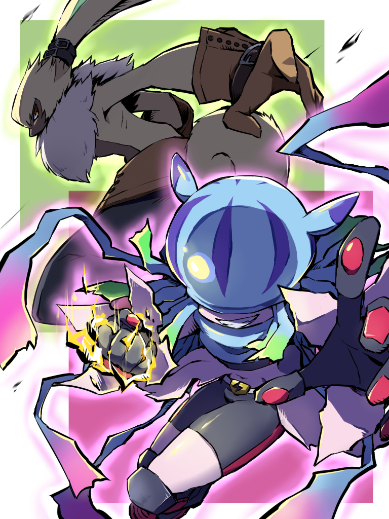 1boy, 1girl, ayo_(ayosanri009), black_pants, black_shorts, body_fur, border, clenched_hand, covered_eyes, cowboy_shot, digimon, digimon_(creature), digimon_ghost_game, electricity, green_background, pants, pink_background, shorts, simple_background, smirk, symbareangoramon, teslajellymon, white_border, yellow_fur