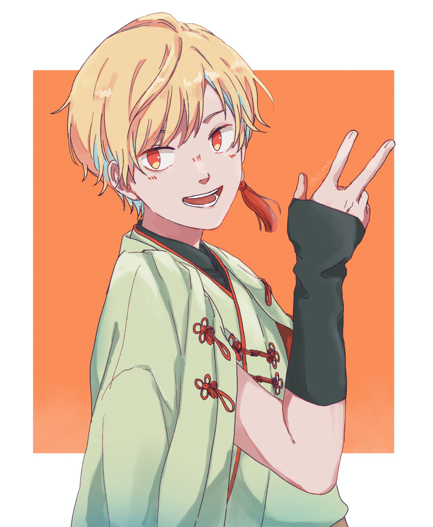 1boy, 65_tm2, absurdres, blonde_hair, blue_hair, earrings, elbow_gloves, fingerless_gloves, gloves, highres, indie_utaite, japanese_clothes, jewelry, male_focus, multicolored_hair, orange_background, red_eyes, single_earring, two-tone_hair, un-c_(utaite), utaite