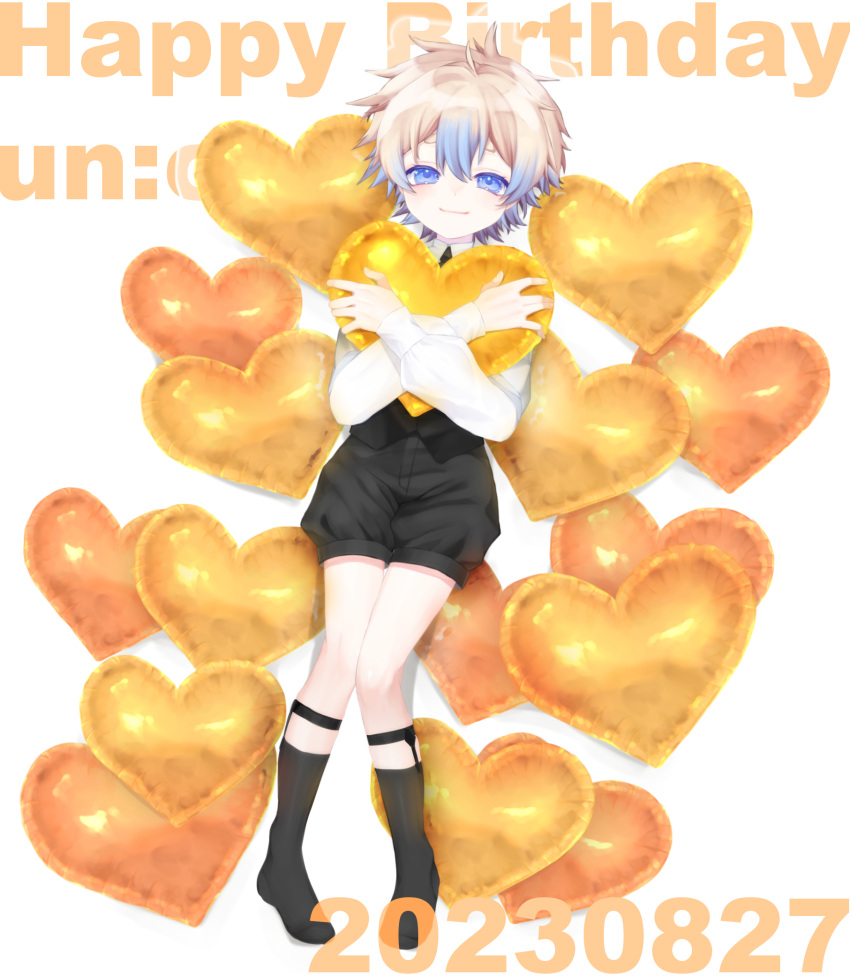 1boy, balloon, black_socks, blonde_hair, blue_eyes, blue_hair, happy_birthday, heart_balloon