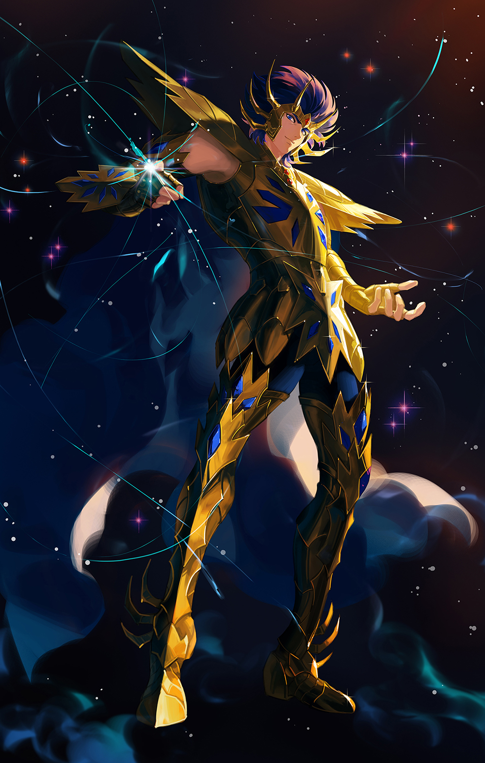 1boy, armor, cancer_death_mask, cape, full_body, gold_armor, gold_cloth, gold_helmet