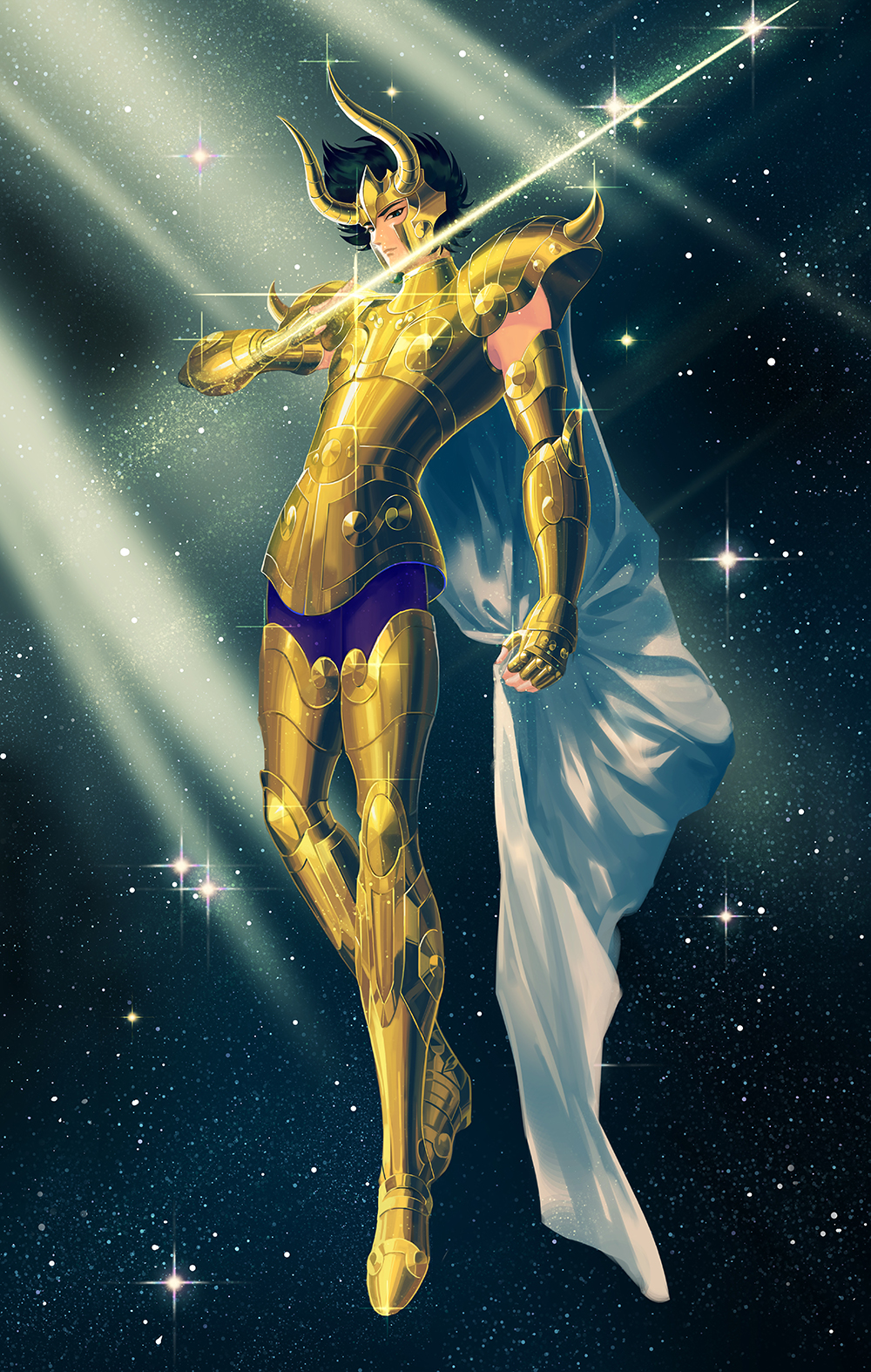 1boy, arm_blade, armor, bishounen, black_hair, blue_eyes, cape, capricorn_shura, energy_blade, full_body, glimt, glint, gold_armor, gold_cloth, gold_saint, hand_up, highres, light_smile, looking_at_viewer, male_focus, moon-lucky, pauldrons, saint_seiya, short_hair, shoulder_armor, shoulder_spikes, solo, space, spikes, star_(sky), weapon, white_cape