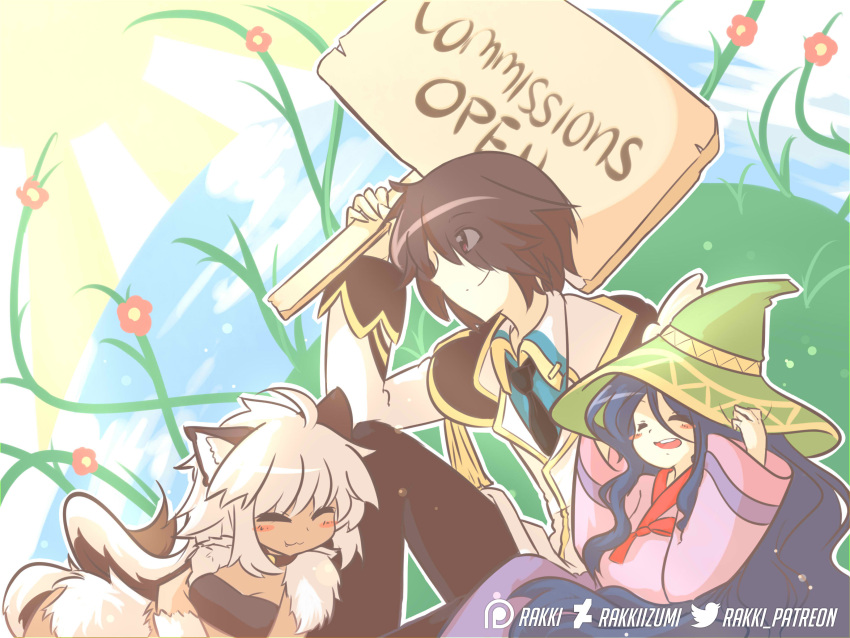 1boy, 2girls, absurdres, animal_ears, bandeau, black_bandeau, black_hair, black_necktie