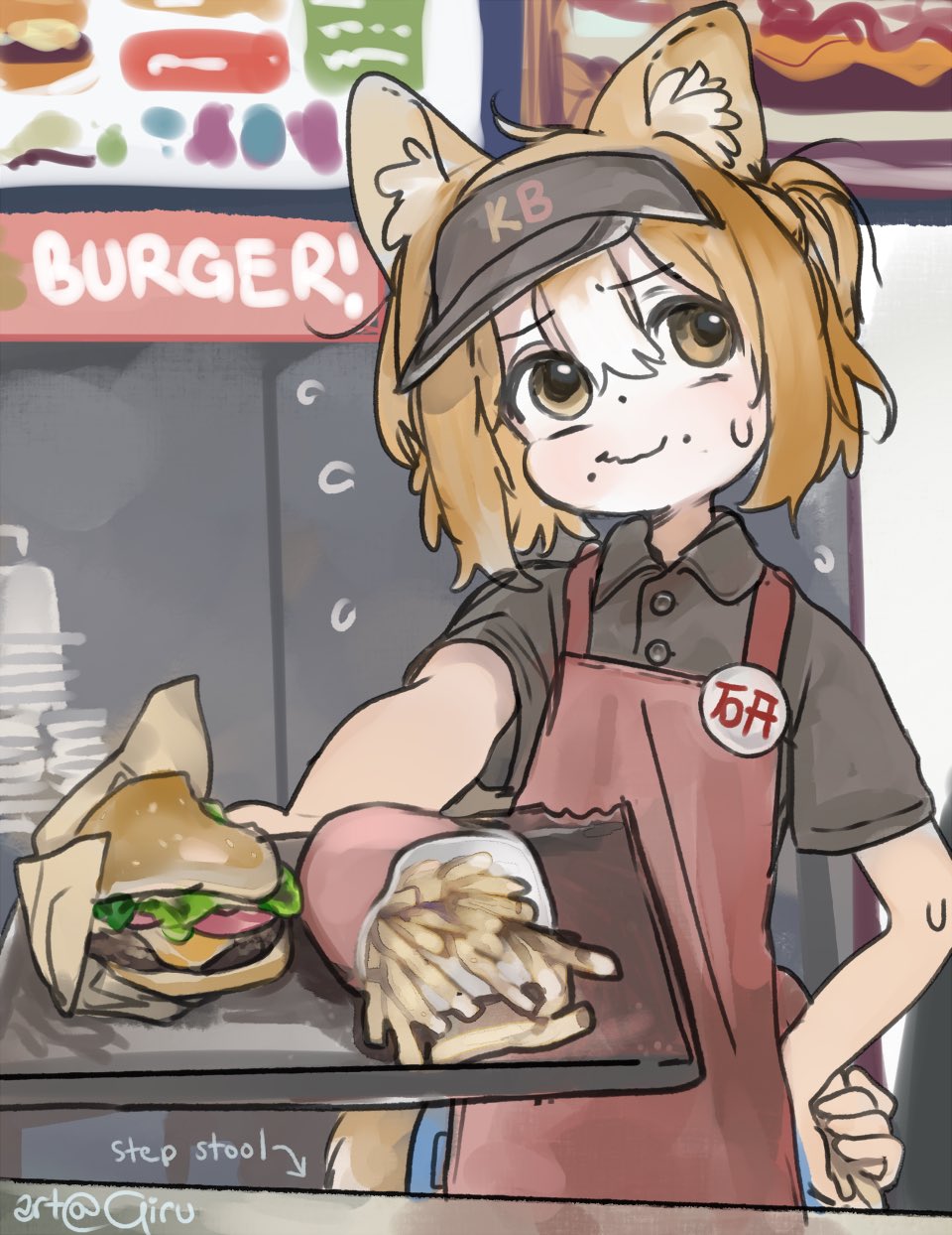 1girl, animal_ear_fluff, animal_ears, apron, arrow_(symbol), artist_name, averting_eyes, badge