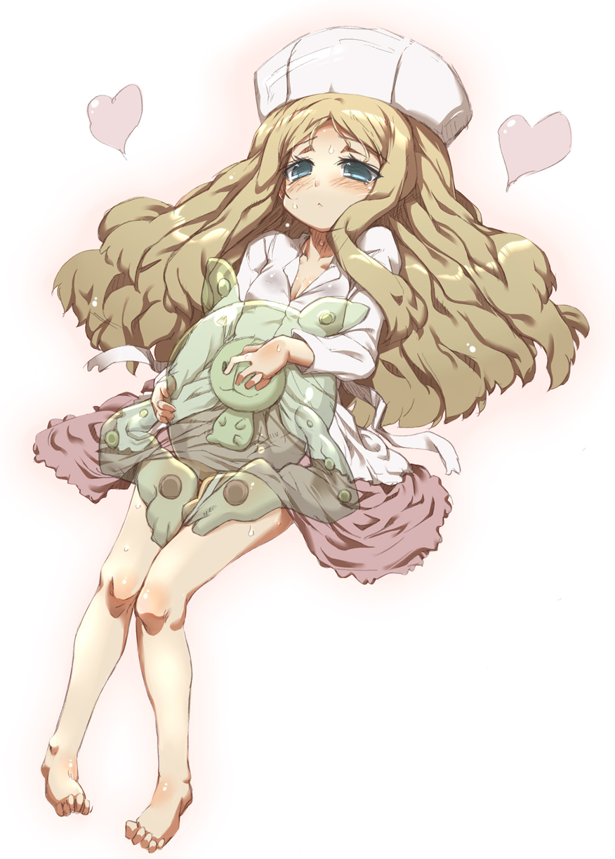 <3, bad_feet, barefoot, blonde_hair, blue_eyes, blush, breasts, cattleya_(pokemon), cleavage, dress, elite_four, face, feet, frown, hands, hat, heart, highres, long_hair, lying, navel, on_back, open_mouth, pokemon, pokemon_(game), pokemon_black_and_white, pokemon_bw, rankurusu, reuniclus, solo, sweat, toe_scrunch, tokyo