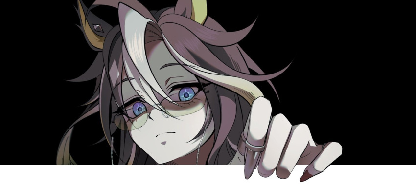1girl, animal_ears, black_hair, blonde_hair, blue_eyes, closed_mouth, colored_inner_animal_ears, dream_journey_(umamusume), eyewear_strap, frills, glasses, horse_ears, horse_girl, jewelry, long_hair, multicolored_hair, multiple_rings, pimpi_umappoi, ring, shaded_face, single_hair_intake, solo, streaked_hair, umamusume, white_hair