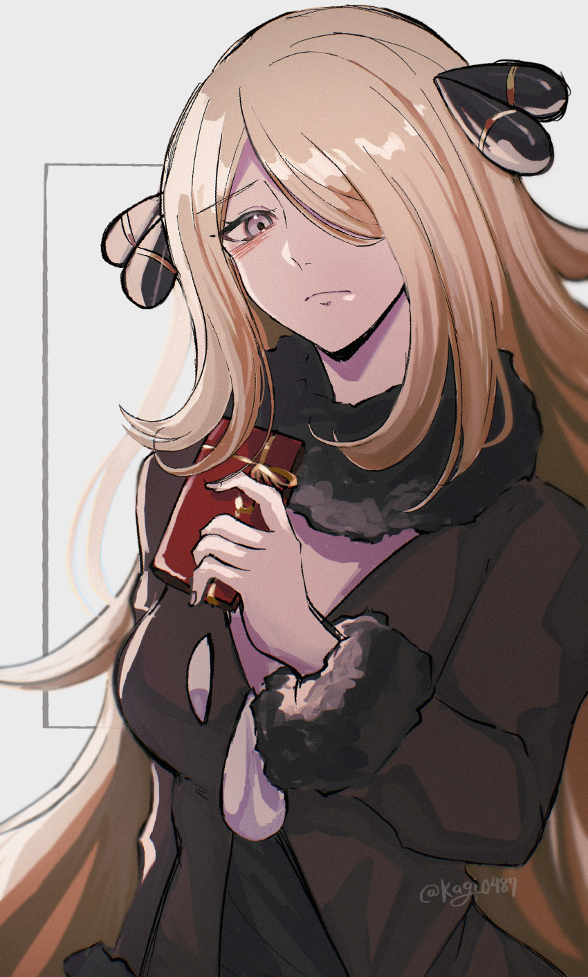 1girl, absurdres, black_coat, blonde_hair, blush, box, box_of_chocolates, breasts, closed_mouth, coat, cynthia_(pokemon), fur-trimmed_sleeves, fur_collar, fur_trim, gift, grey_eyes, hair_ornament, hair_over_one_eye, highres, holding, holding_box, holding_gift, kagi0487_(weiss_9610), long_hair, long_sleeves, looking_at_viewer, medium_breasts, one_eye_covered, pokemon, pokemon_dppt, solo, upper_body, valentine, very_long_hair, watermark