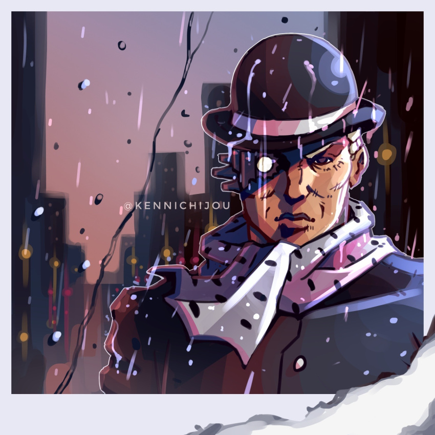 akefu_satoru, artist_name, black_coat, black_hat, bowler_hat, coat, grey_scarf, hat