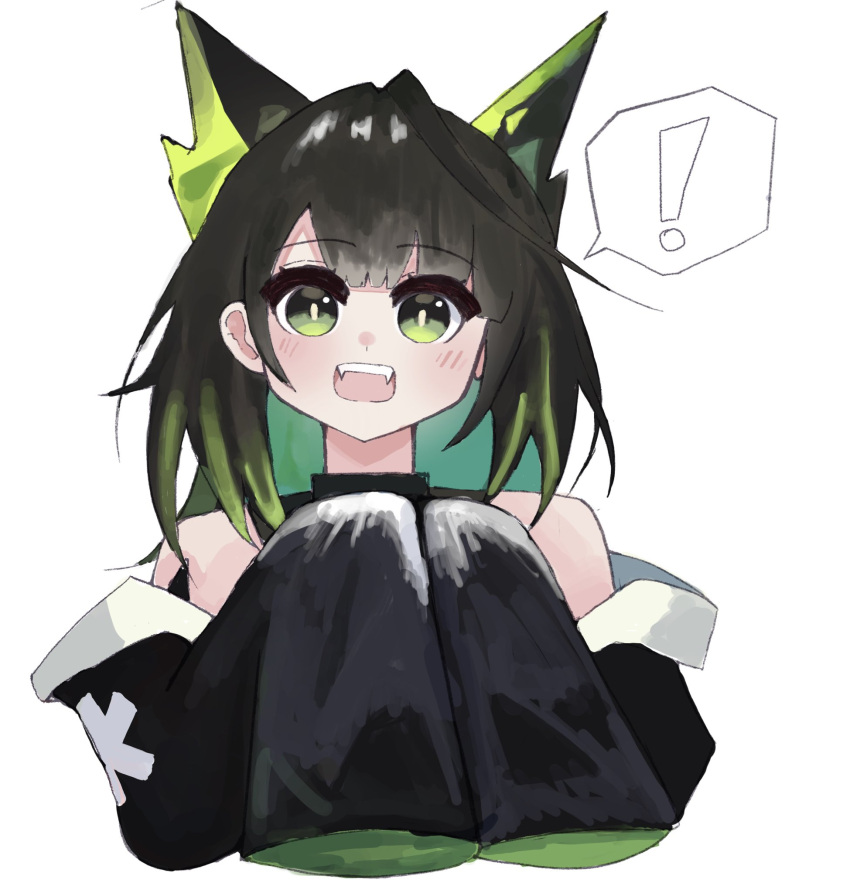 !, 1girl, :d, aqua_hair, arknights, bare_shoulders, black_hair, black_jacket, bright_pupils, cropped_torso, fangs, green_eyes, green_hair, highres, jacket, looking_at_viewer, mon3tr_(arknights), multicolored_hair, novaisaclockcat, off_shoulder, open_mouth, personification, simple_background, sleeves_past_fingers, sleeves_past_wrists, smile, solo, spoken_exclamation_mark, teeth, upper_teeth_only, white_background, white_pupils