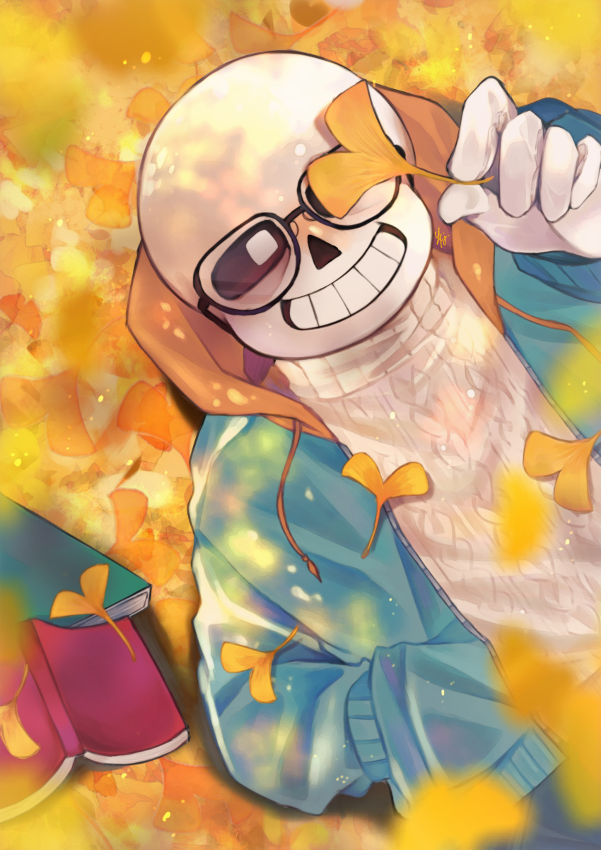 1boy, 2024, 2d, blue_jacket, book, digital_media, drawstring, glasses, gloves, highres, holding, holding_leaf, hood, hood_down, hooded_jacket, humanoid, jacket, lami_rin, leaf, lying, male, male_only, monster, monster_boy, on_back, open_jacket, sans_(undertale), skeleton, smile, solo, sweater, teeth, undead, undertale, white_gloves, white_sweater