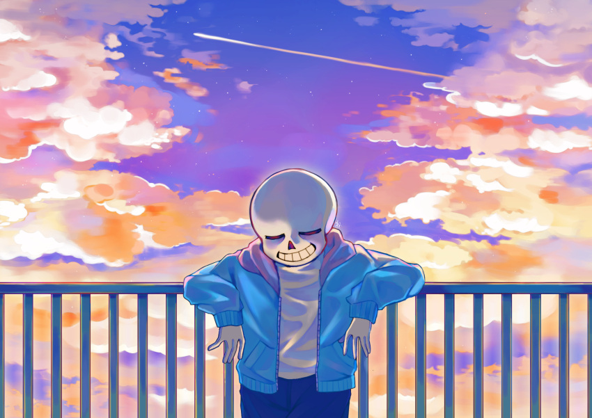 1boy, 2024, 2d, black_shorts, blue_jacket, closed_eyes, clouds, digital_media
