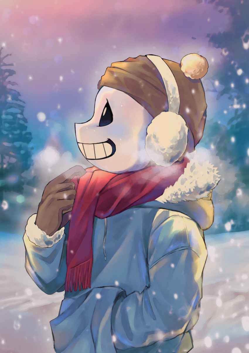 1boy, 2025, 2d, beanie, blue_jacket, brown_gloves, digital_media, drawstring