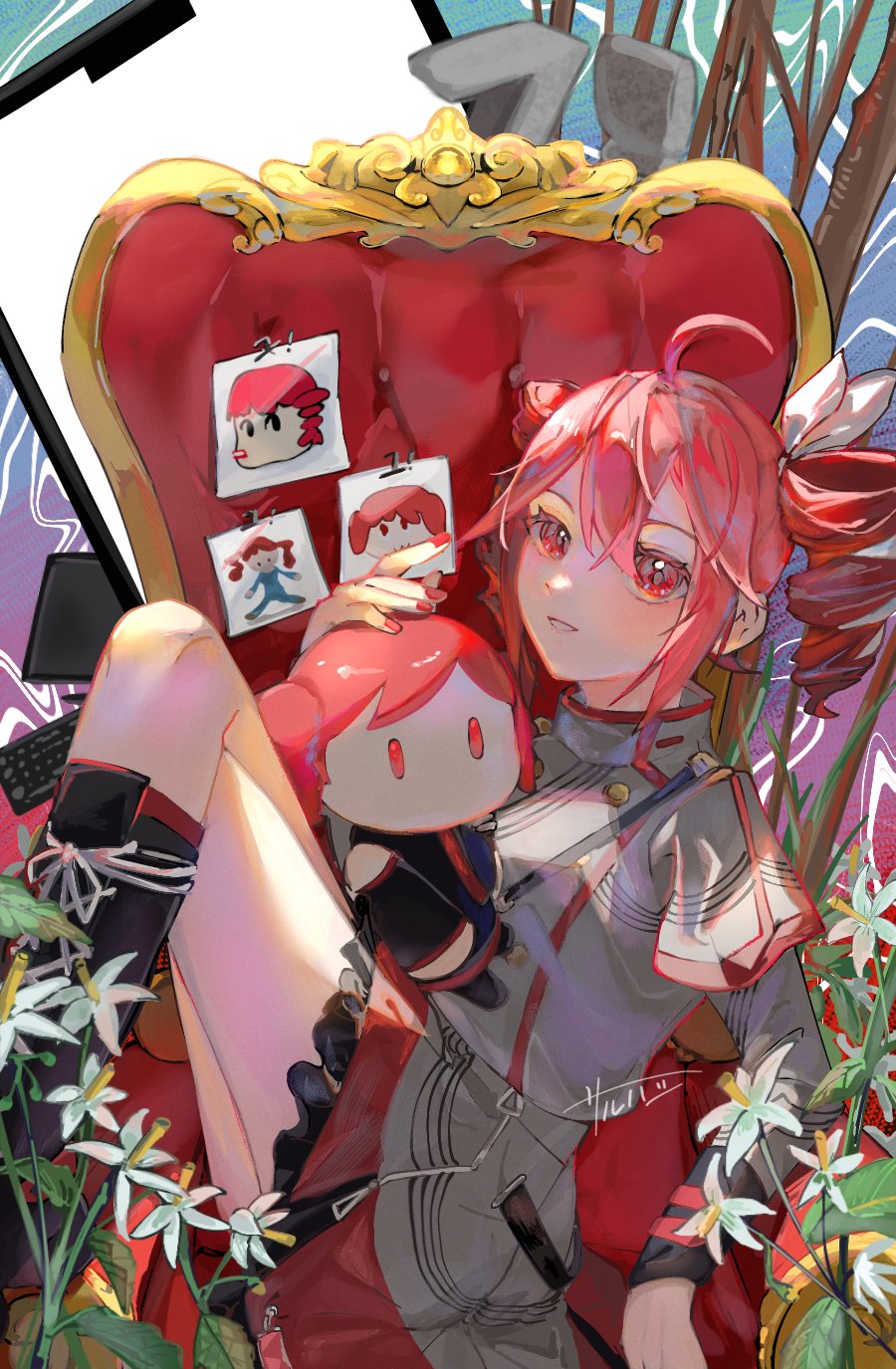 1girl, ahoge, birthday, black_boots, black_skirt, black_sleeve_cuffs, blue_background, blush