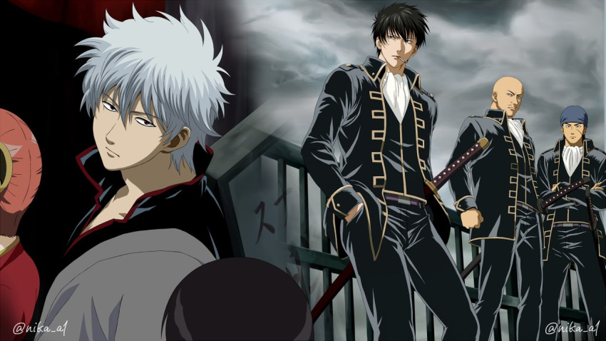 1girl, 5boys, anime_coloring, ascot, bald, black_hair, black_jacket, black_shirt