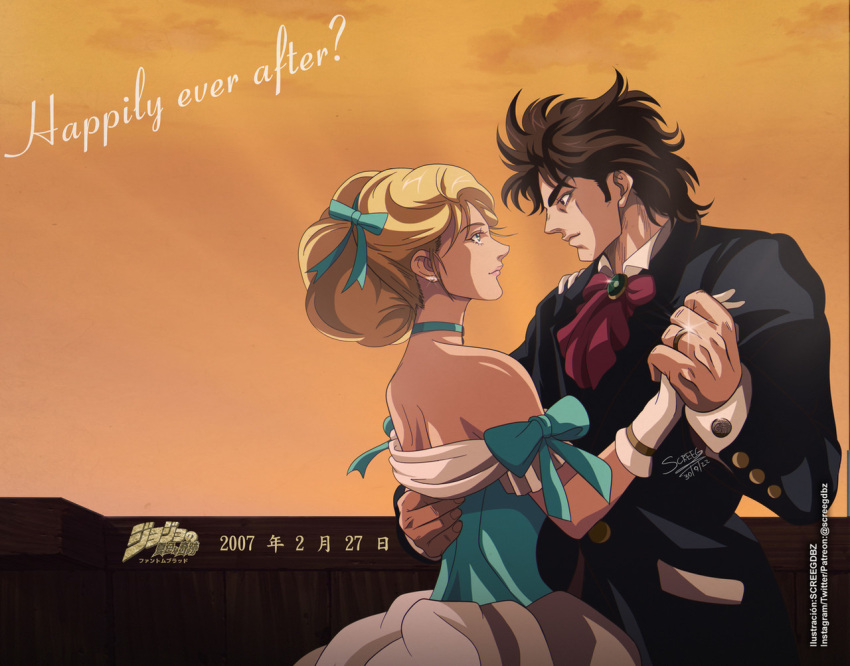 1boy, 1girl, ascot, black_jacket, blonde_hair, blue_bow, blue_choker, blue_dress, bow, brown_hair, choker, dress, english_text, erina_pendleton, from_side, gloves, holding_hands, jacket, jewelry, jojo_no_kimyou_na_bouken, jonathan_joestar, looking_at_another, multicolored_dress, phantom_blood, phantom_blood_(film), red_ascot, ring, screegdbz, tuxedo, upper_body, waltz_(dance), white_dress, white_gloves
