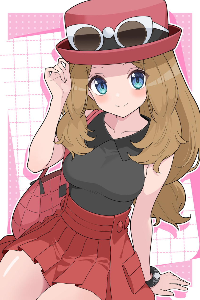 1girl, blonde_hair, blue_eyes, blush, breasts, eyelashes, eyewear_on_headwear, hat