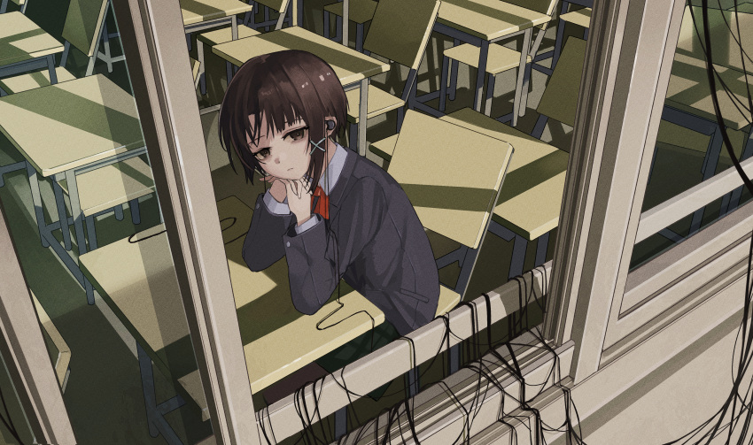 1girl, absurdres, asymmetrical_hair, bags_under_eyes, blazer, brown_eyes, brown_hair, cable
