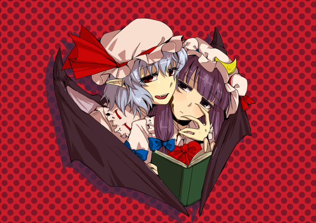 bat_wings, blue_hair, book, hat, multiple_girls, patchouli_knowledge, purple_eyes, purple_hair