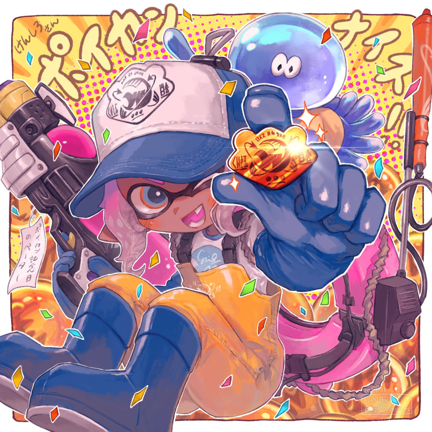 1girl, badge, baseball_cap, blue_boots, blue_eyes, blue_gloves, boots, gloves, hat, highres, holding_badge, hyaku_(momongamomomo), inkling, inkling_girl, inkling_player_character, jellyfish_(splatoon), knee_boots, long_hair, one_eye_closed, overalls, pink_hair, pink_tongue, pointy_ears, rubber_boots, rubber_gloves, salmon_run_(splatoon), shiny, solo, splatoon_(series), splattershot_nova_(splatoon), teeth, tentacle_hair, translation_request, yellow_overalls