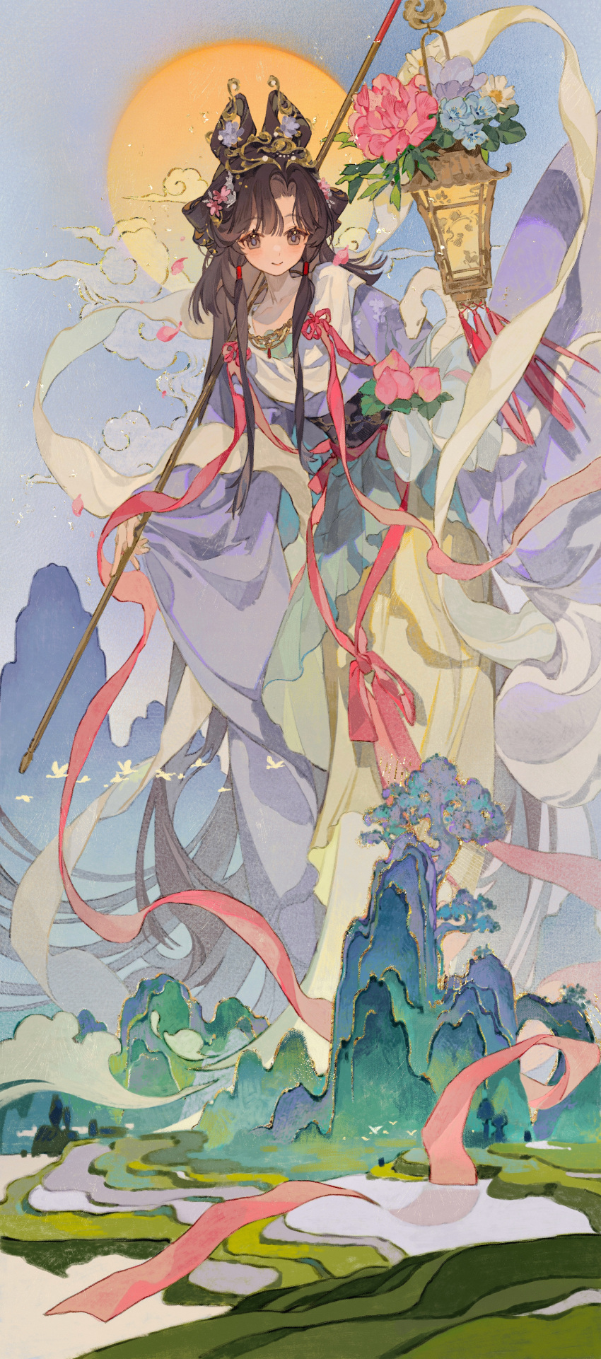 1girl, absurdres, black_eyes, black_hair, blue_sky, cerron_531, chinese_clothes, clouds