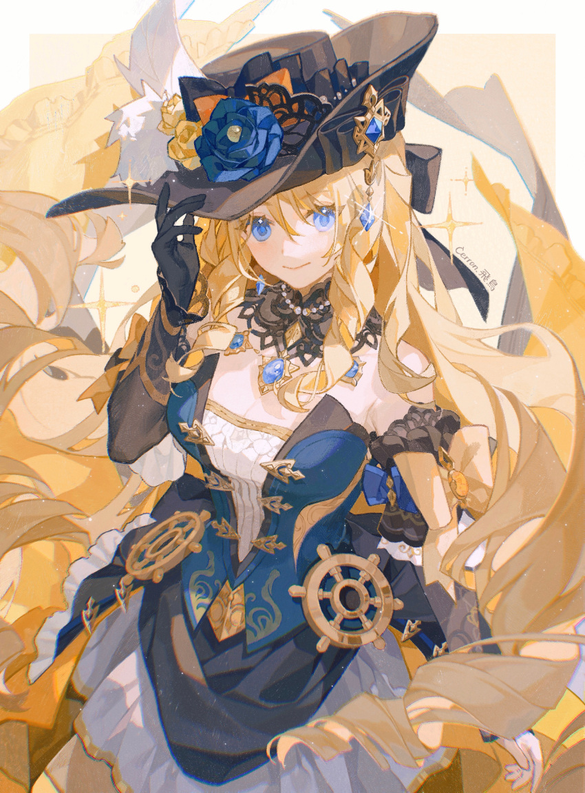 1girl, absurdres, artist_name, bare_shoulders, black_gloves, black_hat, blonde_hair, blue_eyes