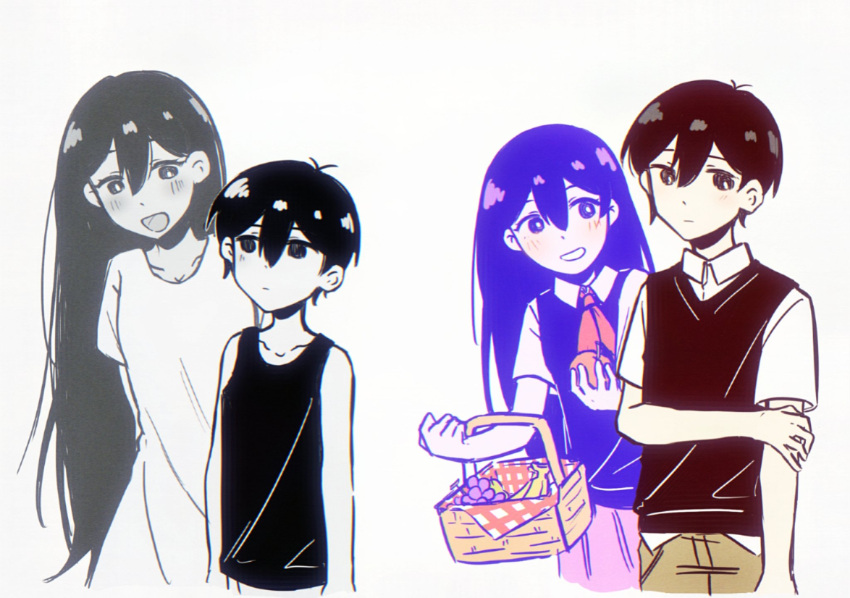 2boys, 2girls, antenna_hair, bailan1130, basket, black_eyes, black_hair, black_sweater_vest