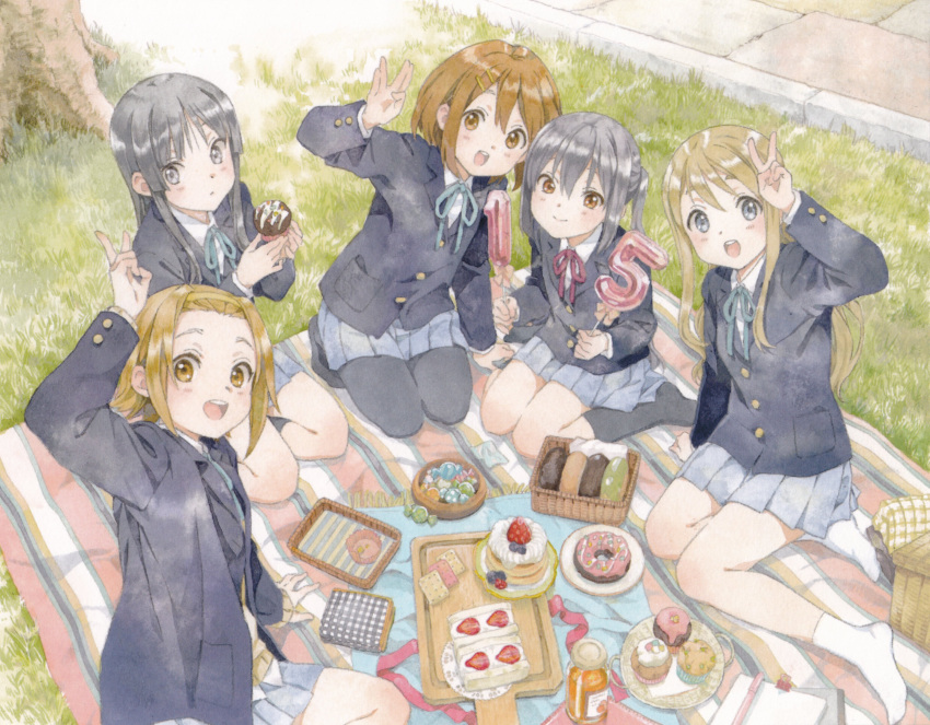 5girls, absurdres, akiyama_mio, anniversary, artbook, black_hair, blonde_hair, blue_eyes