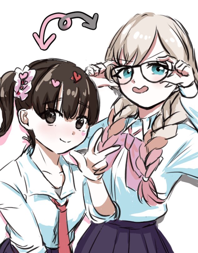 2girls, :d, alternate_hairstyle, aqua_eyes, arrow_(symbol), bataguro171129, black-framed_eyewear, black_eyes, black_hair, blonde_hair, borrowed_accessory, bow, bowtie, braid, commentary, glasses, gradient_hair, gyaru, hair_ornament, hair_scrunchie, hairstyle_switch, hands_on_eyewear, heart, heart_hair_ornament, iin_chiyo, kedarui_aashii, kimi_no_koto_ga_dai_dai_dai_dai_daisuki_na_100-nin_no_kanojo, looking_at_viewer, multicolored_hair, multiple_girls, necktie, open_mouth, pink_bow, pink_bowtie, pink_hair, red_necktie, scrunchie, shirt, side_ponytail, simple_background, sketch, smile, twin_braids, w, white_background, white_shirt