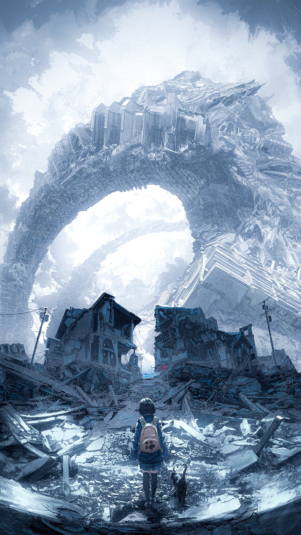 1girl, abandoned, animal, backpack, bag, black_cat, black_thighhighs, bloom