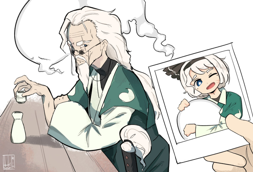 1boy, 1other, beard, black_hairband, bright_pupils, closed_mouth, commentary_request, dushiido