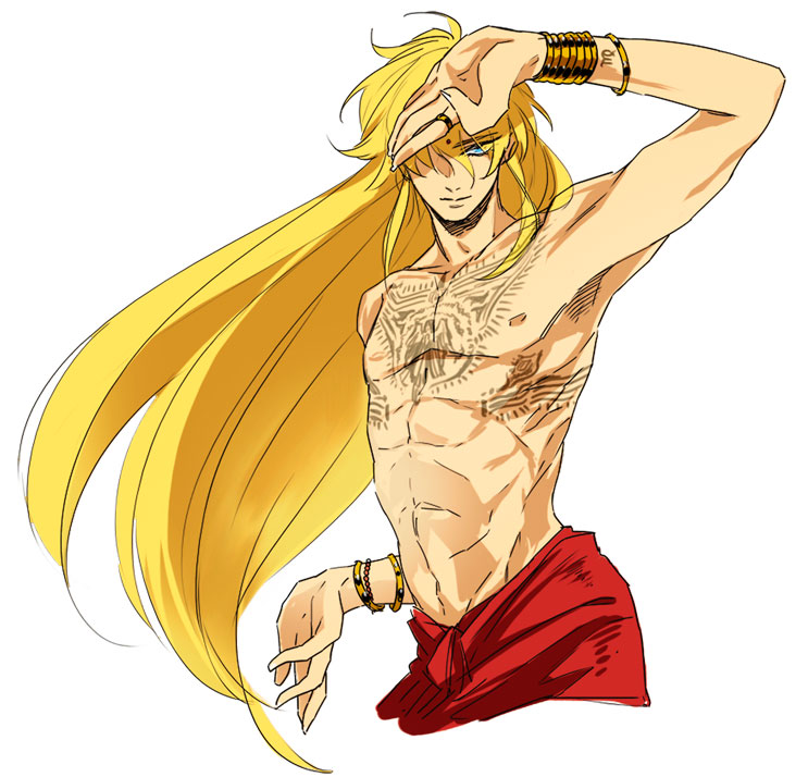1boy, alternate_costume, arm_up, bindi, bishounen, blonde_hair, blue_eyes, bracelet