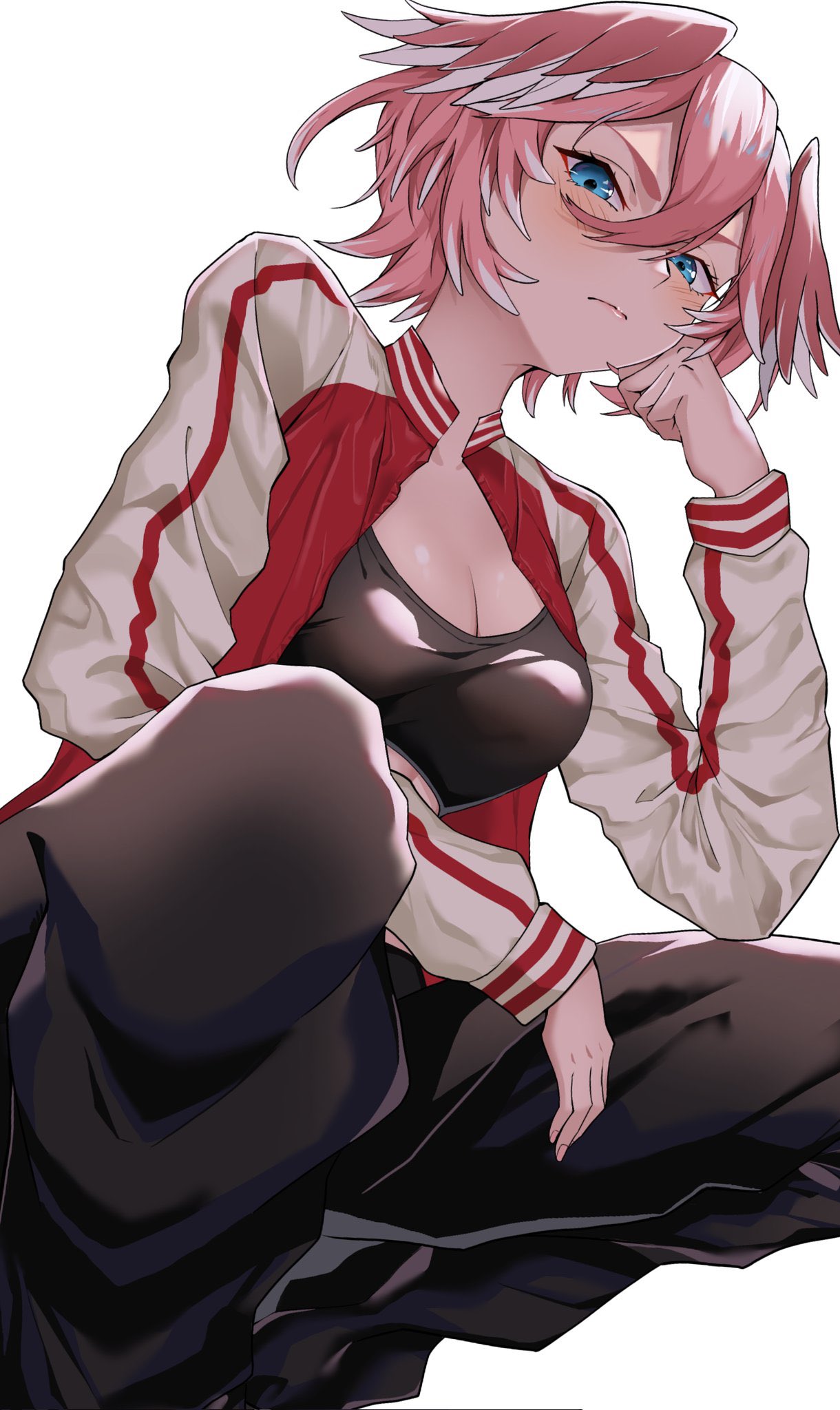 1girl, alternate_costume, blue_eyes, blush, closed_mouth, hair_between_eyes, hairband, head_wings, highres, hololive, jacket, long_sleeves, looking_at_viewer, na_nu_017, open_clothes, open_jacket, pink_hair, short_hair, solo, takane_lui, virtual_youtuber, white_jacket, wings