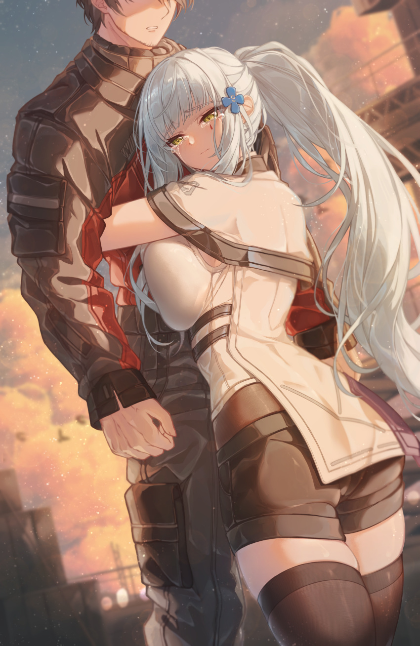 1boy, 1girl, absurdres, black_hair, black_shorts, blitz_predator, blush, breast_press, breasts, closed_mouth, commander_(girls'_frontline), cross, crying, crying_with_eyes_open, elmo_dormitory_outfit, facepaint, frown, girls'_frontline_2:_exilium, girls_frontline, green_eyes, hair_ornament, hairclip, half-closed_eyes, highres, hk416_(girls'_frontline), hug, iron_cross, klukai_(girls'_frontline_2), large_breasts, long_hair, outdoors, ponytail, short_shorts, shorts, size_difference, skindentation, sunset, teardrop, tears, thighs, very_long_hair, white_hair