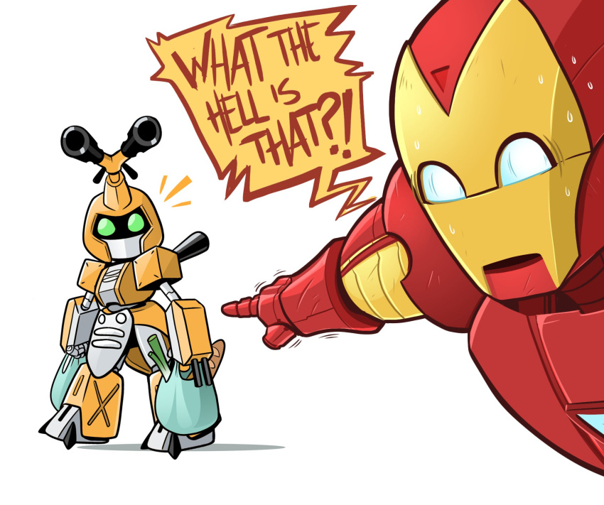 2boys, arm_cannon, armor, crossover, english_text, full_body, green_eyes, highres, humanoid_robot, iron_man, iron_man_(series), marvel, medarot, multiple_boys, pointing, pointing_at_another, red_armor, robot, simple_background, tenshiartsgt, weapon, white_background, yellow_armor