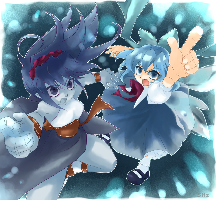 2girls, angry, black_shoes, blue_bow, blue_dress, blue_eyes, blue_hair, blue_skin