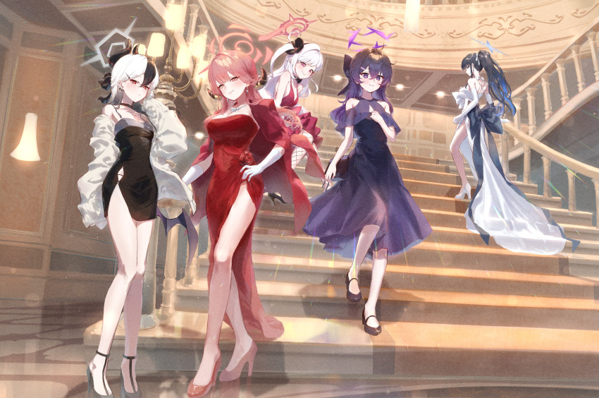5girls, absurdres, aru_(blue_archive), aru_(dress)_(blue_archive), black_dress, black_hair, blue_archive, breasts