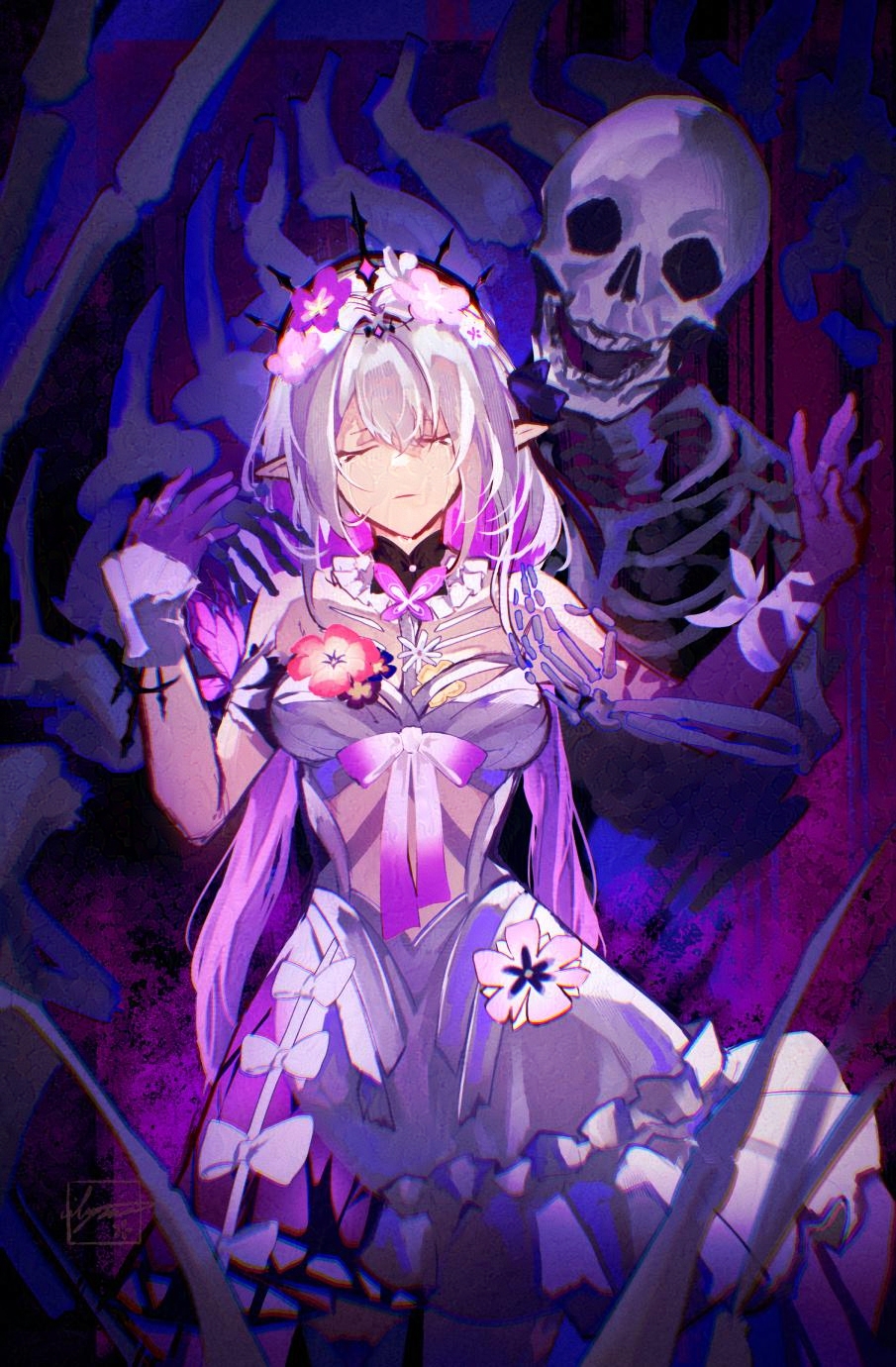 1girl, abstract_background, alt_text, arms_up, black_tiara, castorice_(honkai:_star_rail), closed_eyes, commentary