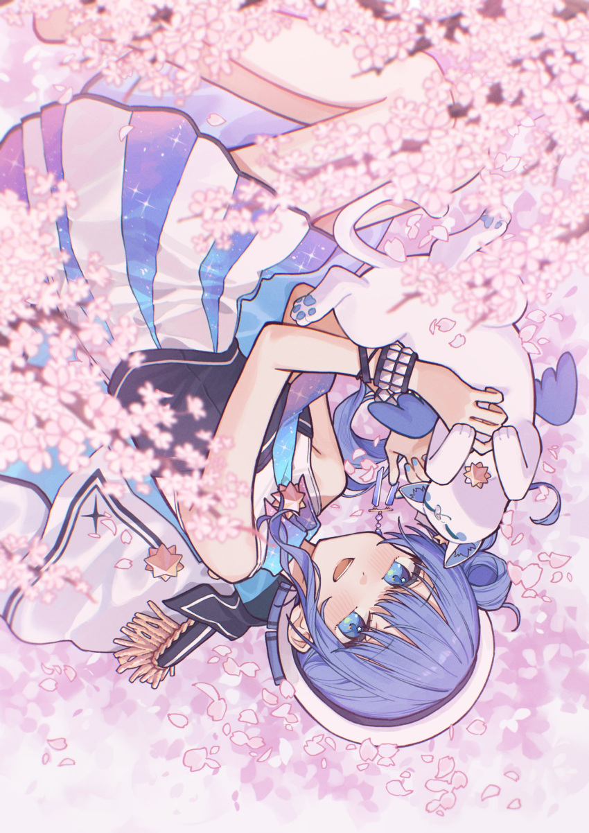 1girl, absurdres, animal, blue_eyes, blue_hair, blue_nails, blush, cat
