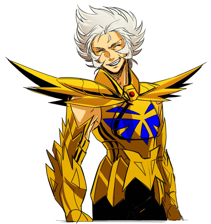 1boy, ^_^, armor, cancer_death_mask, closed_eyes, cowboy_shot, gauntlets, gold_armor
