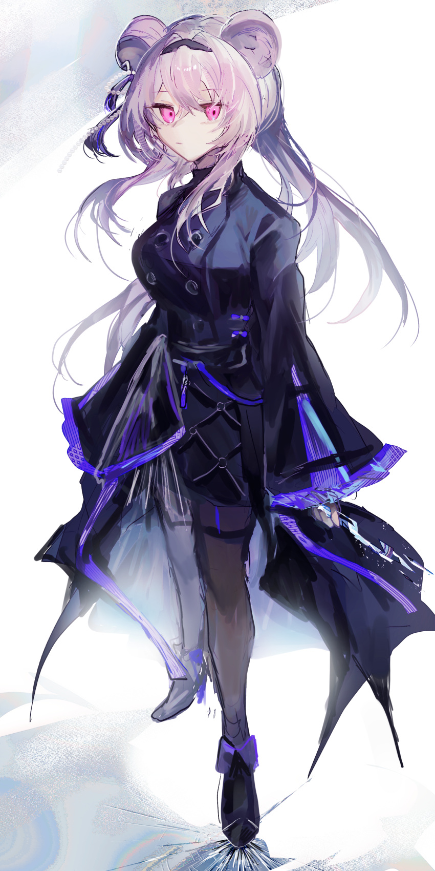 absurdres, animal_ears, arknights, black_dress, brown_pantyhose, closed_mouth, commentary, crack