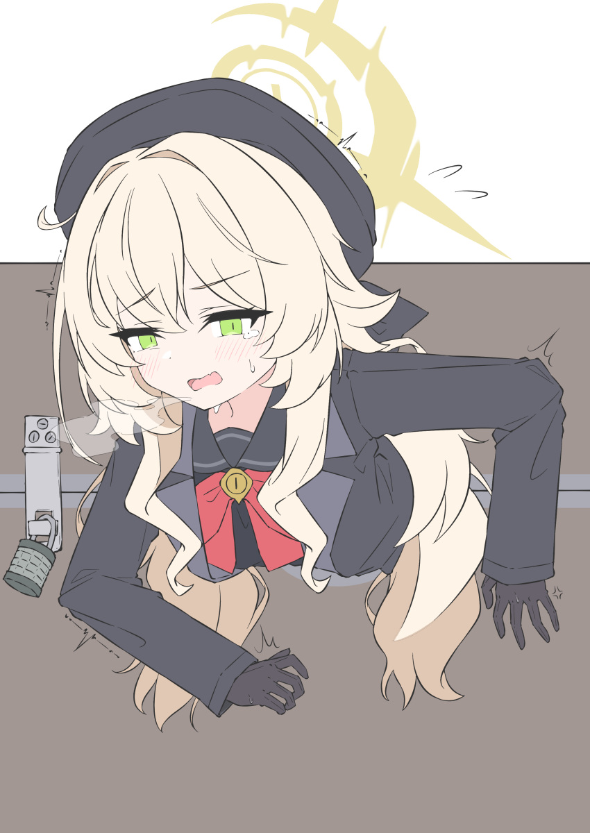 1girl, absurdres, anger_vein, beret, black_coat, black_gloves, black_hat, black_sailor_collar, black_serafuku, black_shirt, blonde_hair, blue_archive, blush, bow, bowtie, coat, commentary_request, fluffy_hair, flying_sweatdrops, gloves, green_eyes, halo, hat, highres, lock, long_hair, long_sleeves, mizusaki_(kn27), open_mouth, padlock, pillory, professor_niyaniya_(blue_archive), red_bow, red_bowtie, sailor_collar, school_uniform, serafuku, shirt, simple_background, solo, tears, white_background, yellow_halo