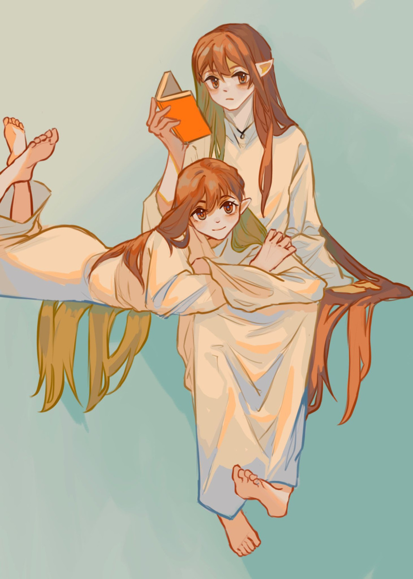 2boys, :|, androgynous, aqua_background, arm_support, barefoot, blush, book